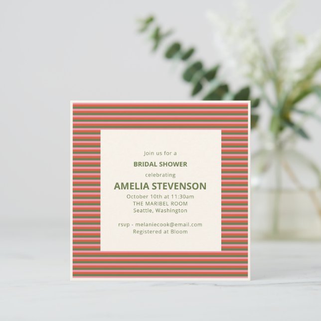 Invitation Fête de mariage rétro rose orange vert rayé (Debout devant)