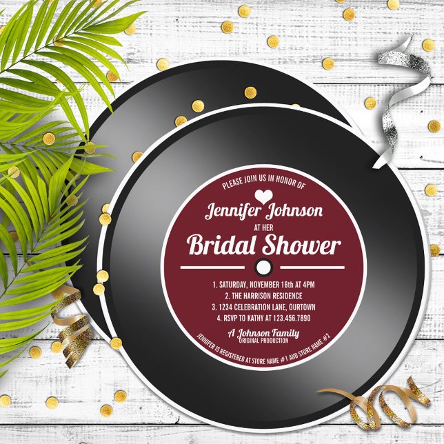 Invitation Fête de mariage rétro vinyle rouge bordeaux  (Créateur téléchargé)