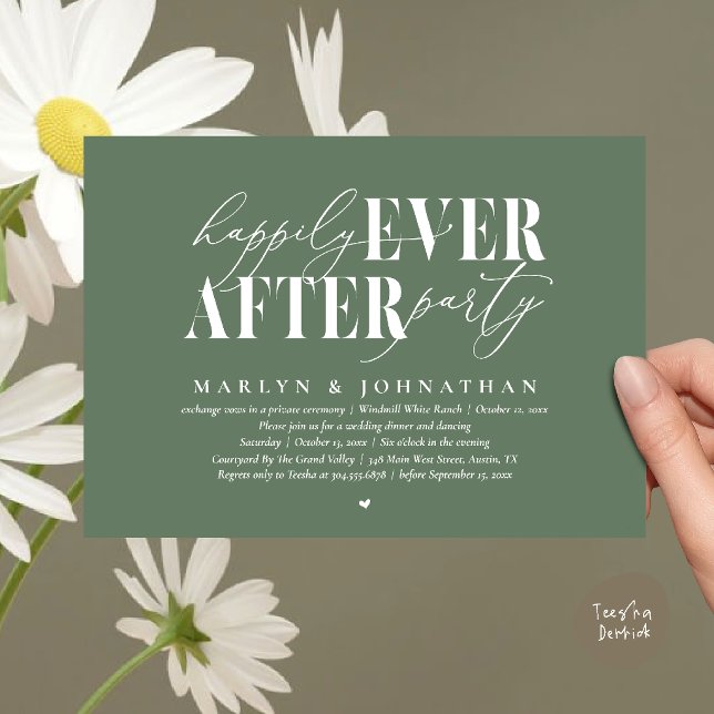 Invitation Fête de mariage Romance Mariage Après la Nuit (Happily Ever After Party Romance Wedding Reception Dinner Invitation Card in Sage Green)