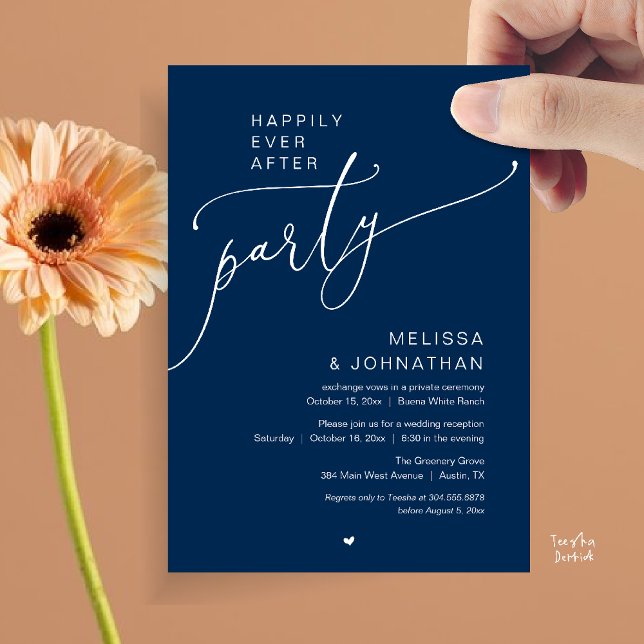 Invitation Fête de mariage Romance Mariage réception de maria (Happily Ever After Party Romance Wedding Reception Invitation card in navy blue)