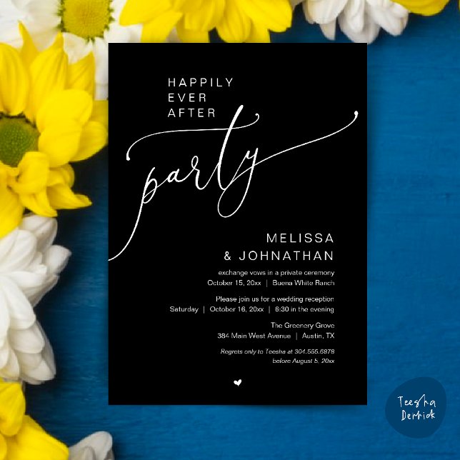 Invitation Fête de mariage Romance Réception de mariage Après (Happily Ever After Party Romance Wedding Reception Invitation card in black and white)