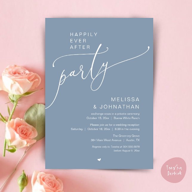 Invitation Fête de mariage Romance Réception de mariage Heure (Happily Ever After Party Romance Wedding Reception Invitation card in dusty blue)
