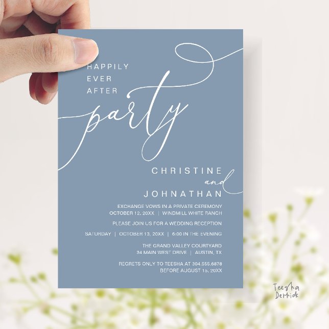 Invitation Fête de Mariage Romantique Pour Toujours (Happily Ever After Party Romantic Weds Reception Invitation Card in Dusty Blue)