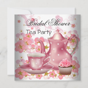 Invitation Fête de mariage rose Cupcake à la théière florale