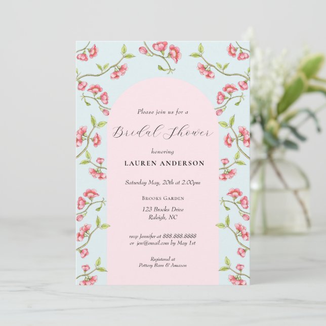 Invitation Fête de mariage rose et bleu Fleurs de cerisier (Debout devant)