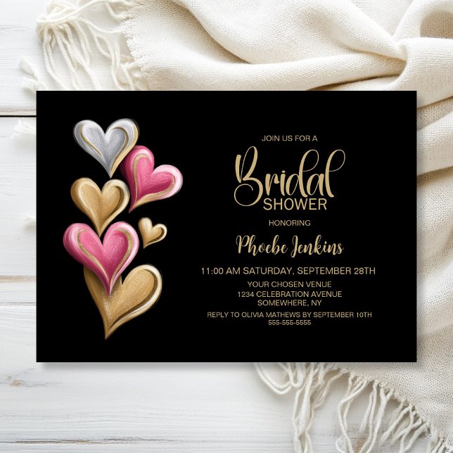 Invitation Fête de mariage rose et cœurs dorés (Créateur téléchargé)