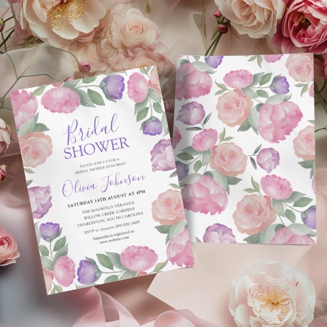 Invitation Fête de mariage rose et violet moderne avec motifs (Créateur téléchargé)