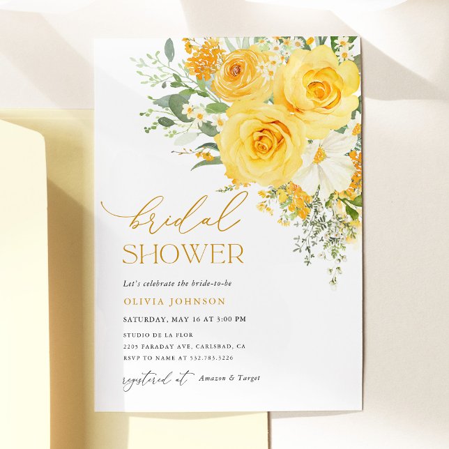 Invitation Fête de mariage Rose Florale Jaune (Yellow floral rose bridal shower invitation, romantic watercolor garden flowers bridal shower invite)