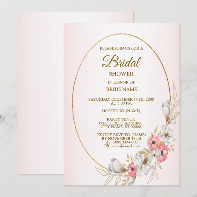 Invitation Fête de mariage rose géométrique florale dorée pêc (Devant / Derrière)