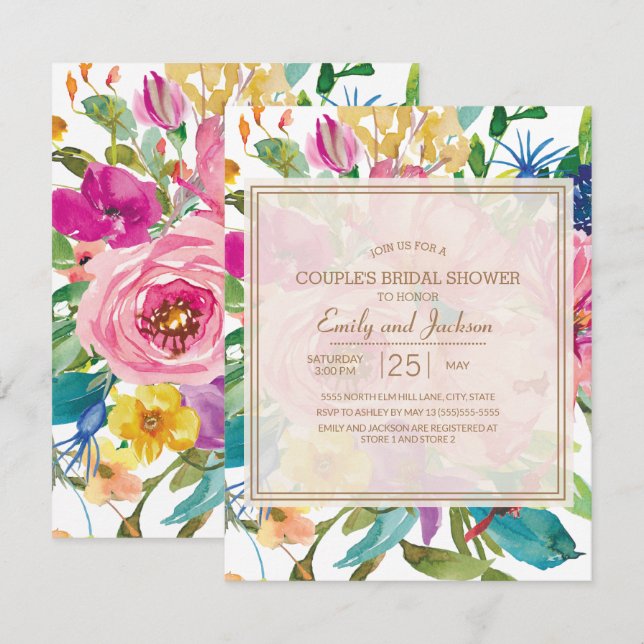 Invitation Fête de mariage rose jaune floral script pour coup (Devant / Derrière)