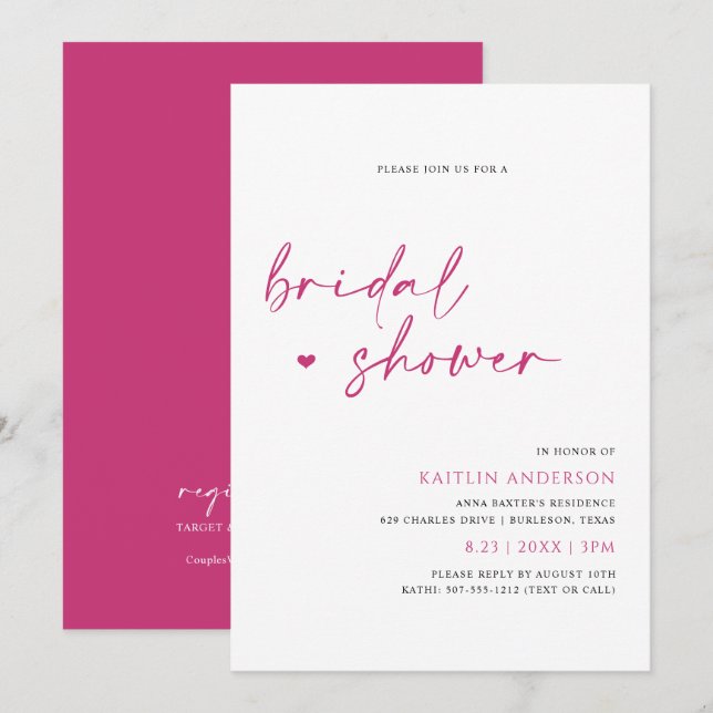 Invitation Fête de mariage Rose Magenta Écriture Manuscrite M (Devant / Derrière)