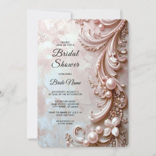 Invitation Fête de mariage rose ornée de perles et florale