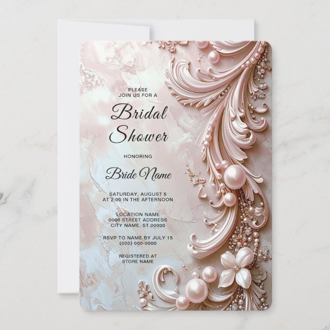 Invitation Fête de mariage rose ornée de perles et florale (Devant)