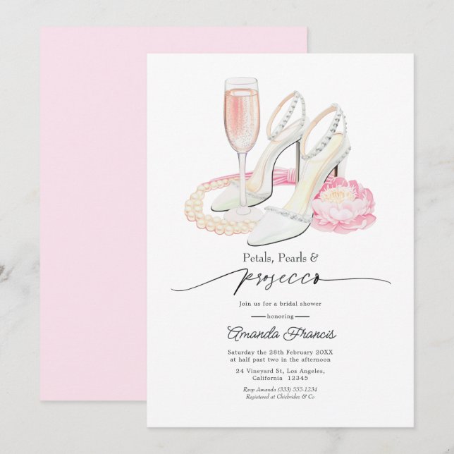 Invitation Fête de mariage Rose Pâle Pétales Perles & Prosecc (Devant / Derrière)