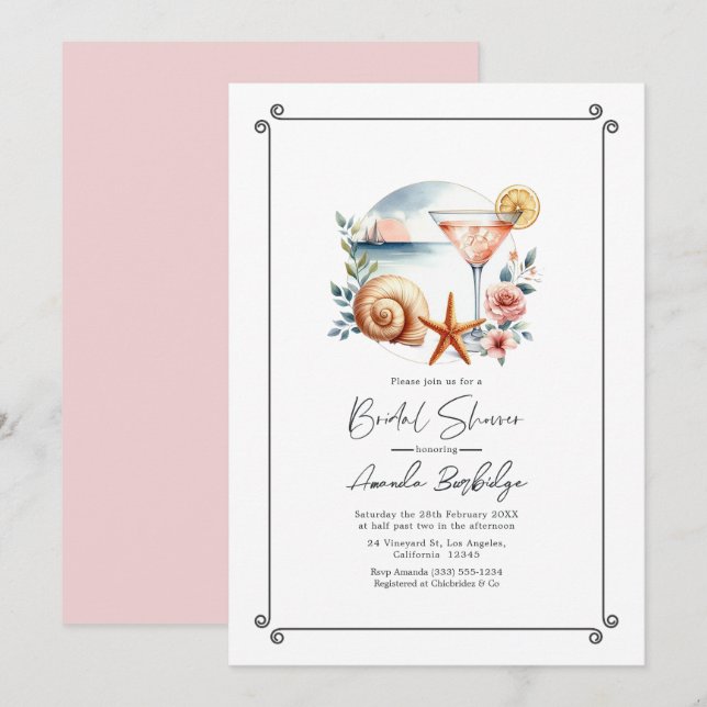 Invitation Fête de mariage Rose Poudré Chic Côté Mer (Devant / Derrière)