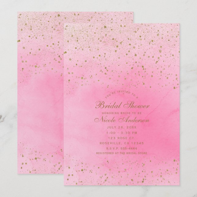 Invitation Fête de Mariage Rose Rosé et Paillettes Dorées (Devant / Derrière)