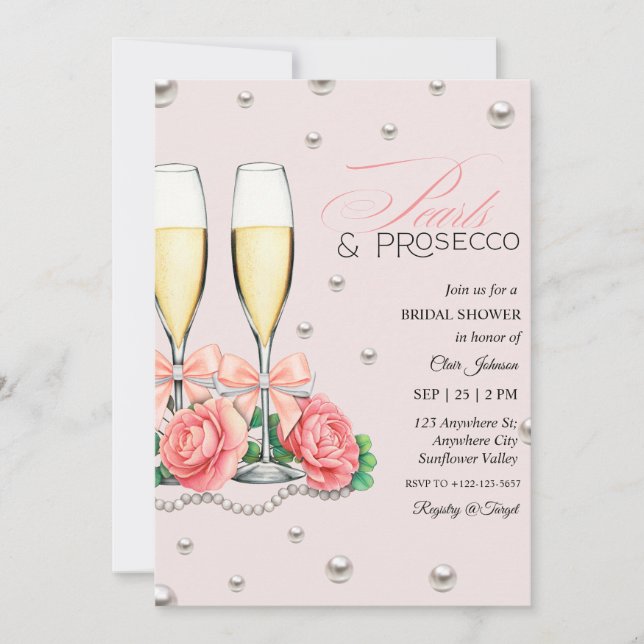 Invitation Fête de mariage Roses roses Perles et Prosecco  (Devant)