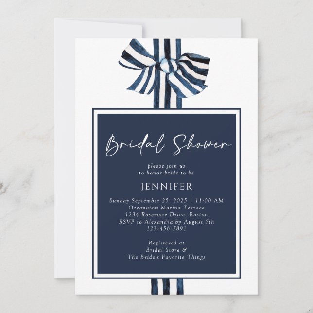 Invitation Fête de mariage ruban à rayures nautiques bleu mod (Devant)