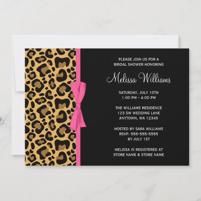 Invitation Fête de mariage ruban imprimé motif léopard rose (Devant)