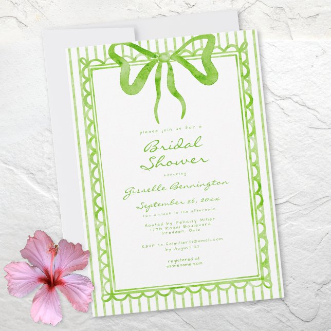 Invitation Fête de mariage ruban rayé aquarelle vert citron c (Whimsical Lime Watercolor Bow Stripe Bridal Shower Invitation)