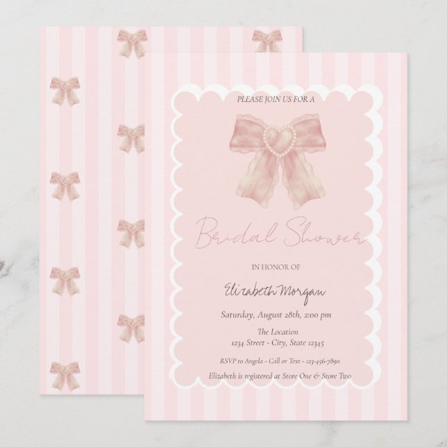 Invitation Fête de mariage ruban rose aquarelle rayé (Devant / Derrière)