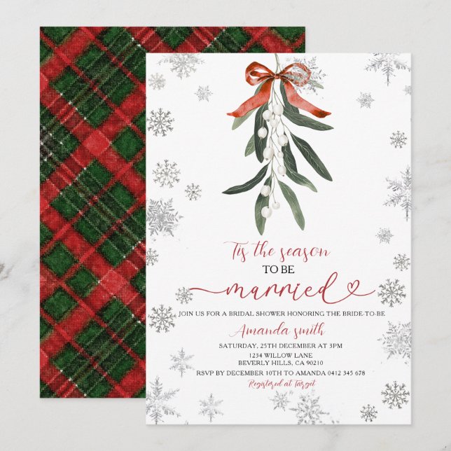 Invitation Fête de mariage Ruban Rouge Gui Flocons de Neige (Devant / Derrière)