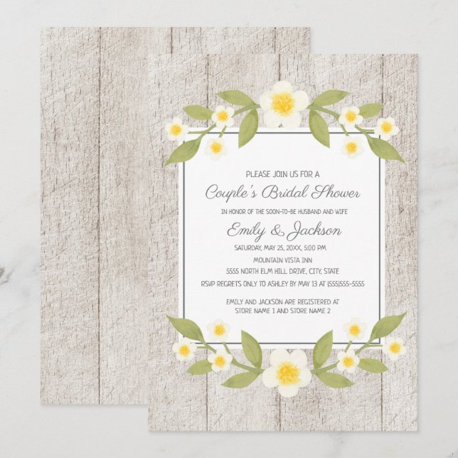 Invitation Fête de mariage rustique en bois avec fleurs blanc (Devant / Derrière)