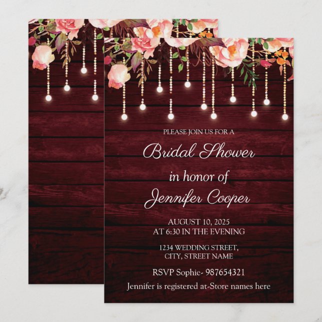 Invitation Fête de mariage rustique en bois marron floral (Devant / Derrière)