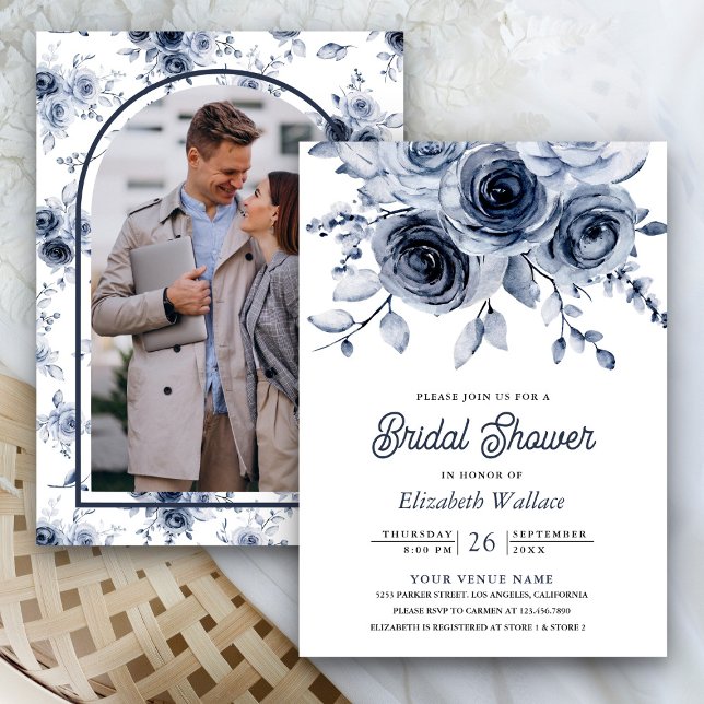 Invitation Fête de mariage Rustique Fleurs Bleu Poussiéreux (Créateur téléchargé)