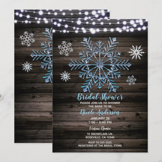 Invitation Fête de mariage Rustique Flocons de neige et lumiè (Devant / Derrière)