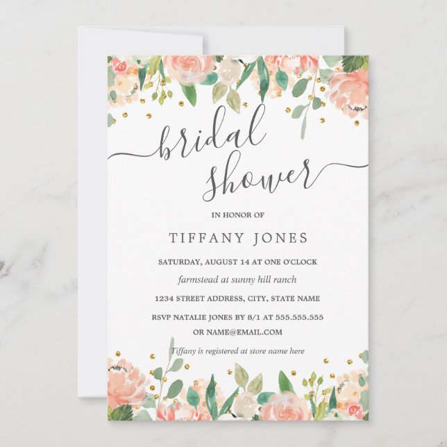 Invitation Fête de mariage rustique rose floral en or (Devant)