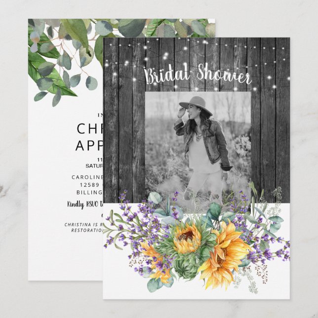 Invitation Fête de mariage rustique tournesol lavande (Devant / Derrière)