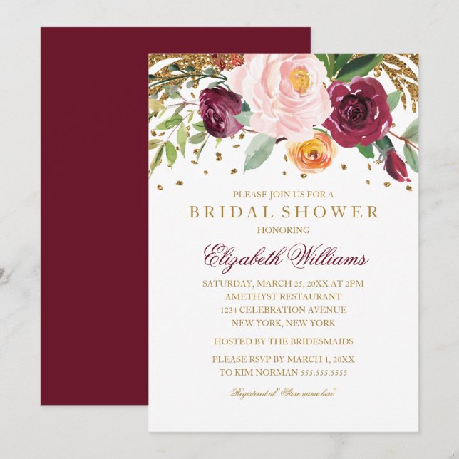 Invitation Fête de mariage scintillant avec fleurs de Bourgog (Devant / Derrière)