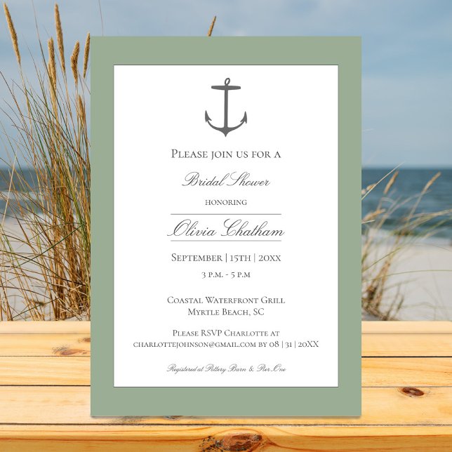 Invitation Fête de mariage simple thème d'ancre marine | Vert (Sage Green Simple Nautical Anchor Bridal Shower Invitation)
