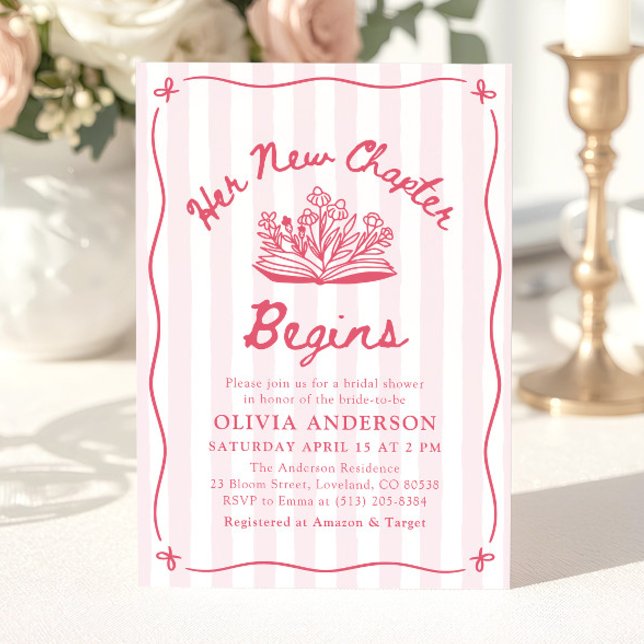 Invitation Fête de mariage « son nouveau chapitre » à la main (Pink Hand Drawn Book Her New Chapter Bridal Shower Invitation)