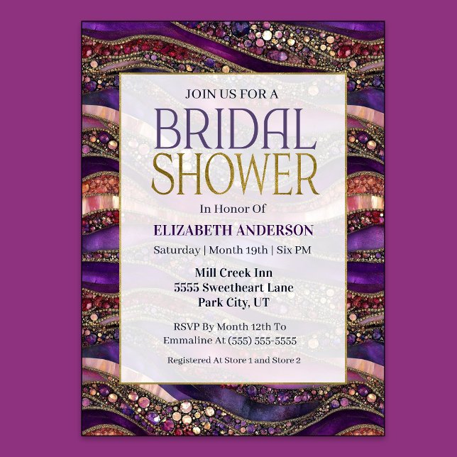 Invitation Fête de mariage Strata Bijou Or Violet (Purple and Gold Jeweled Strata Bridal Shower Invitation)