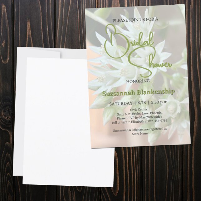 Invitation Fête de mariage subtile et florale avec des plante (front and back bridal shower template invitation)