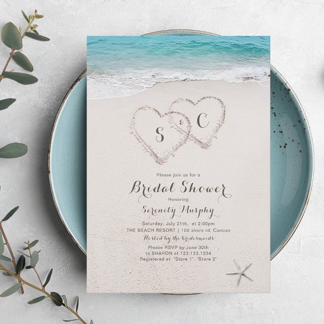 Invitation Fête de mariage sur la plage avec des cœurs dans l (Hearts in the sand beach bridal shower invitation)