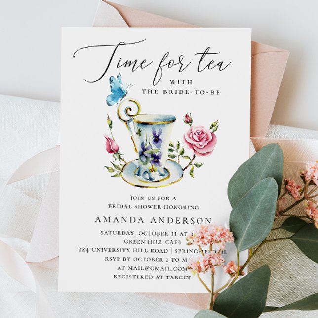 Invitation Fête de mariage Tea Party avec papillon et rose ro (Créateur téléchargé)