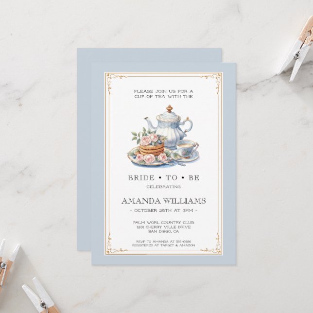 Invitation Fête de mariage thé Dusty Blue et Or (Devant/Arrière en situation)