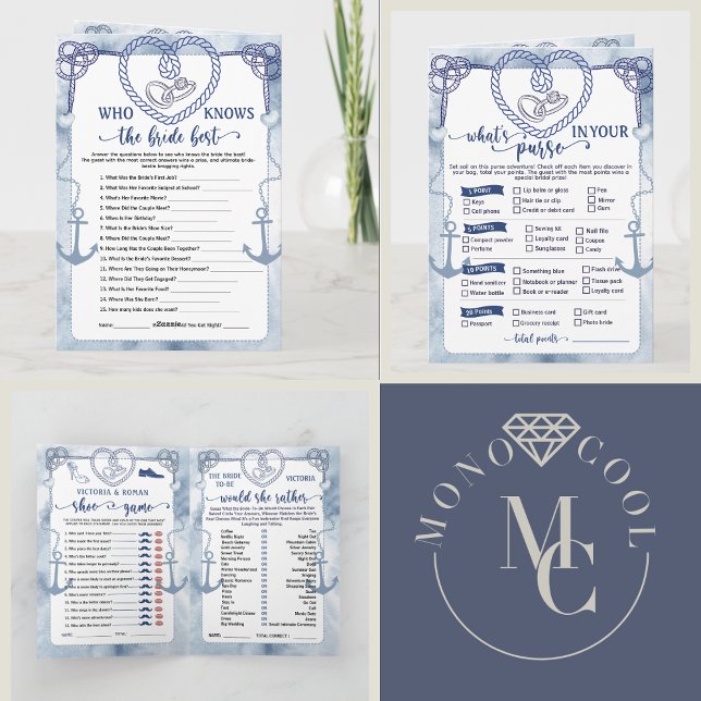 Invitation Fête de mariage Thème Ancre de Navire, Activités 4 (Nautical Anchor Bridal Shower, Wedding 4 Games activities beach theme destination fun play marine)