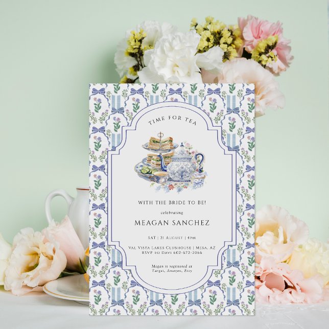 Invitation Fête de mariage thème thé à la mode florale bleue  (Créateur téléchargé)