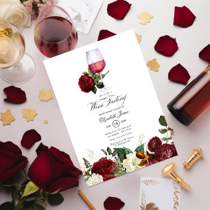 Invitation Fête de mariage thème vin floral bordeaux et or