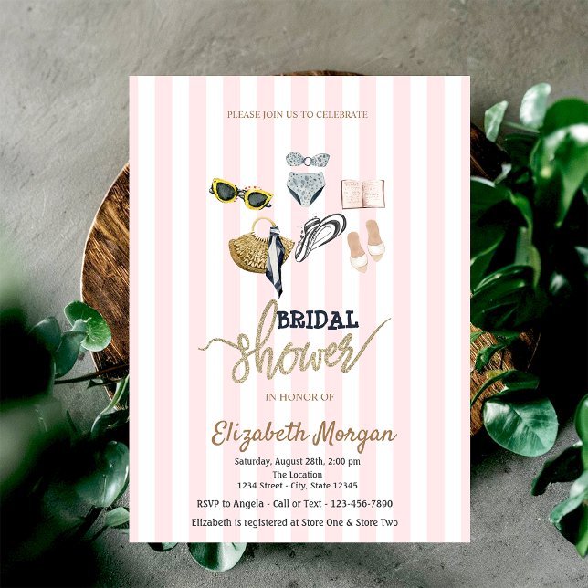 Invitation Fête de mariage tropical avec des rayures roses (Créateur téléchargé)