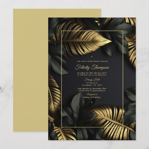 Invitation Fête de mariage tropical noir et or