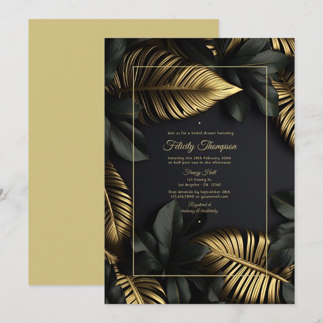 Invitation Fête de mariage tropical noir et or (Devant / Derrière)