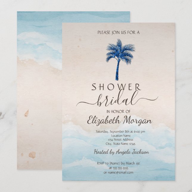 Invitation Fête de Mariage Tropical Plage Paillettes Palmier (Devant / Derrière)