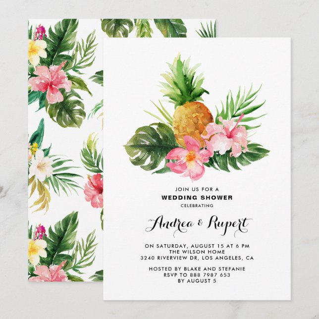 Invitation Fête de Mariage Tropicale Aquarelle Ananas (Devant / Derrière)