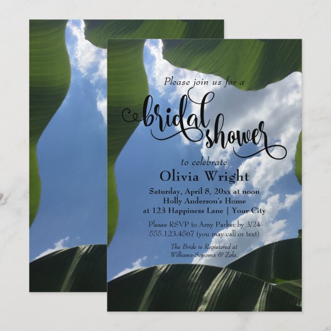 Invitation Fête de mariage tropicale avec feuilles de bananie (Devant / Derrière)