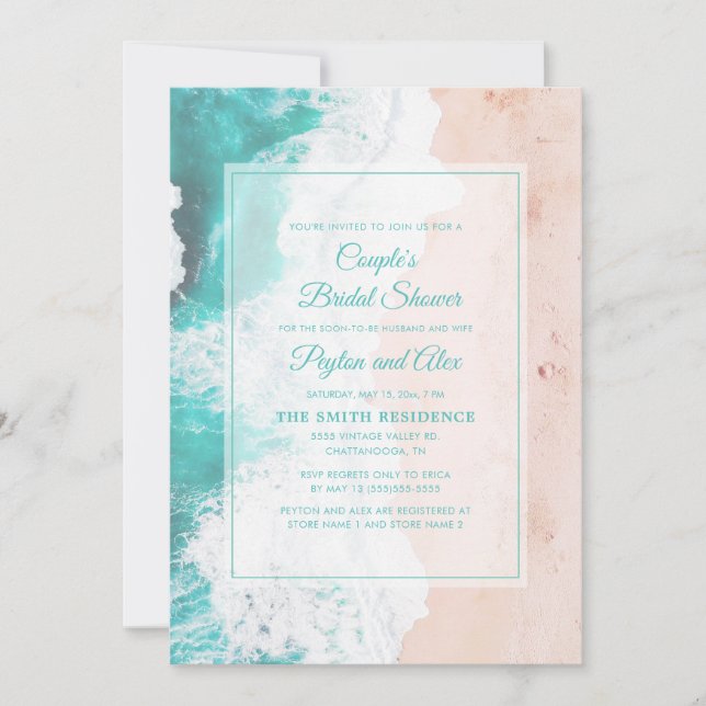 Invitation Fête de mariage tropicale bleue turquoise et blanc (Devant)